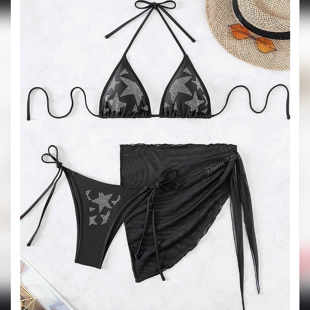 3pcs/Set Women's Solid Black Rhinestone Accented Halter Bikini With Side Tie Bow